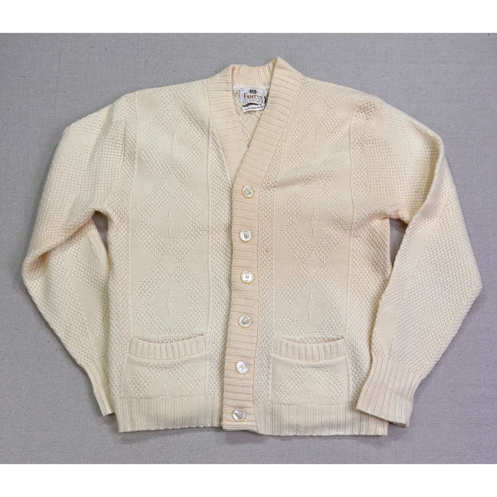 Vintage Campus Fisherman Knit Wool Cardigan Sweater Cream Mens Made in USA Cable